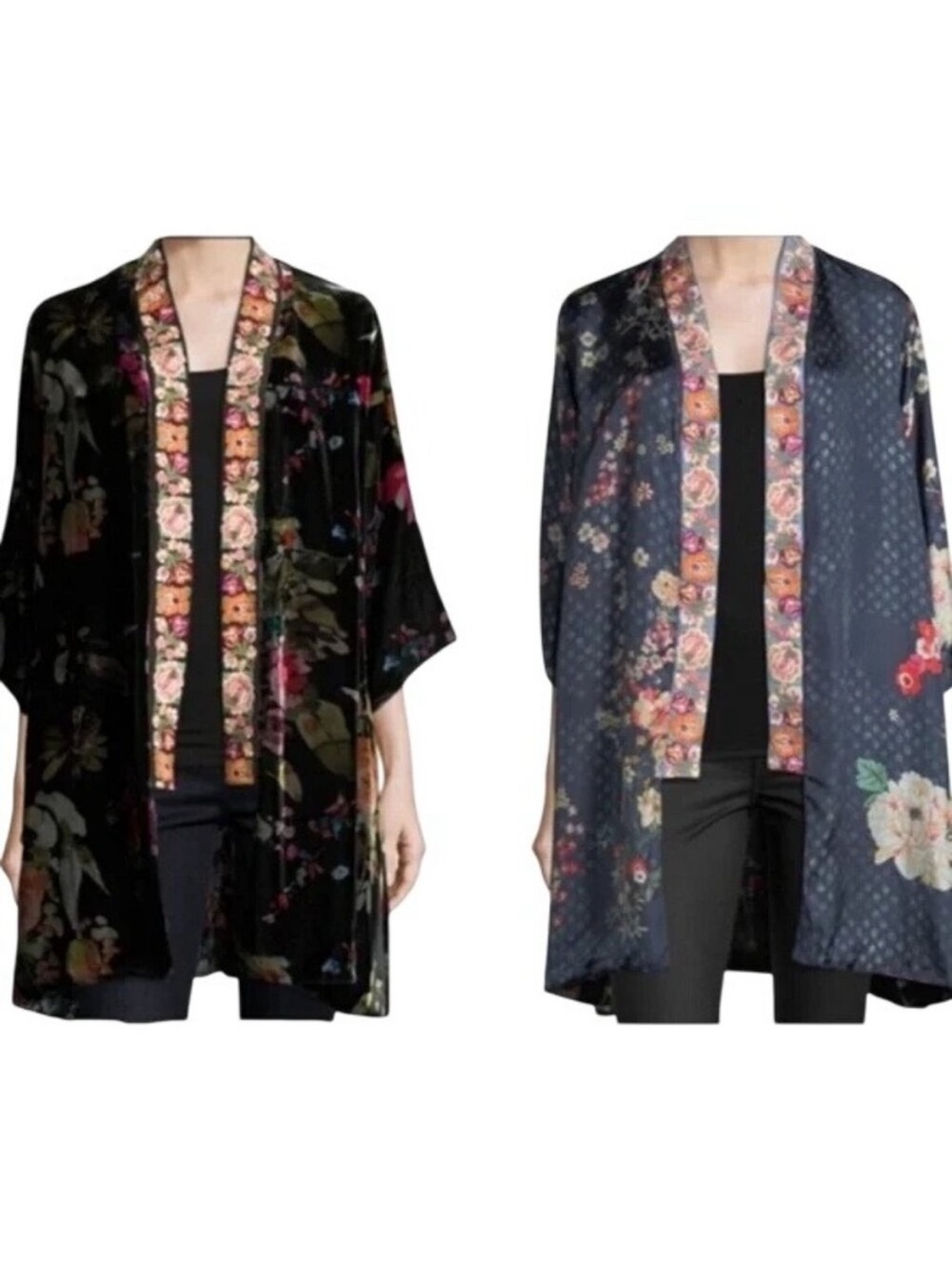 JY26 Johnny Was Kehlani Reversible Floral Velvet Embroidered Satin Kimono Top